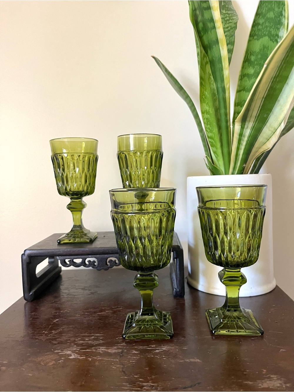 Set of 4 Vintage Indiana Glass Mount Vernon Green Goblets 4oz
